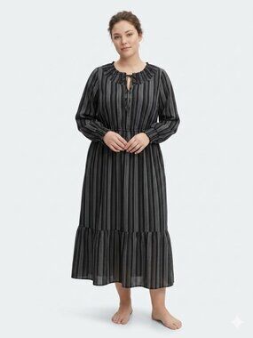 Terra & Sky Dress Black Stripes Midi Ruffle Peasant Grunge Cottage Casual 1X